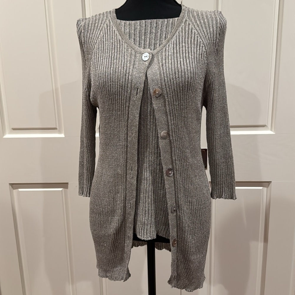Chic Shimmery Gray Ribbed Knit Cardigan Set